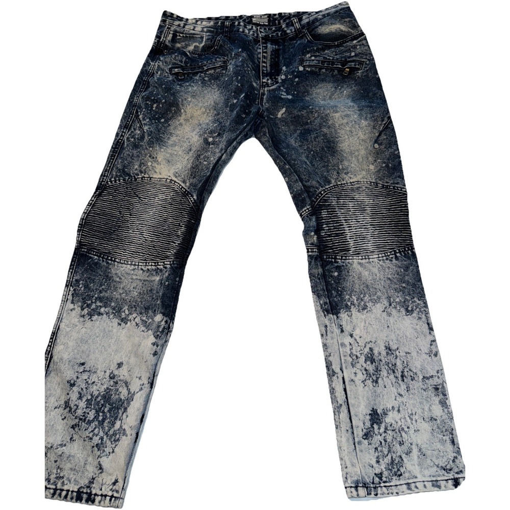 Nobel Jeans Adult 38x34Blue Dark Wash Moto Zippers Bleached